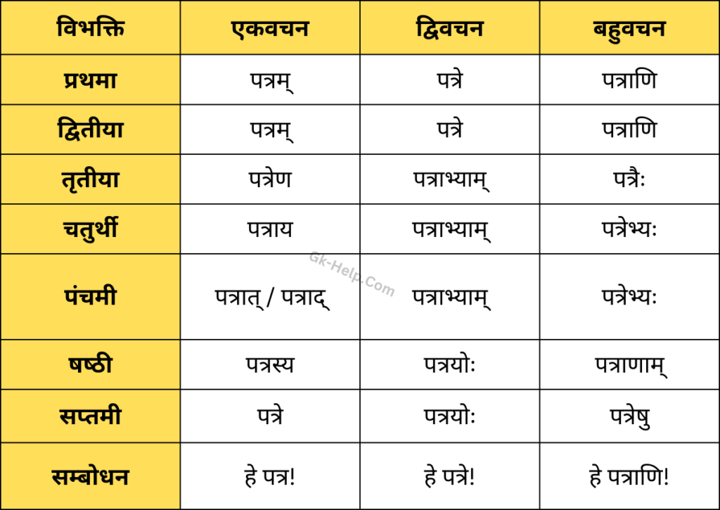 Patra Shabd Roop in Sanskrit