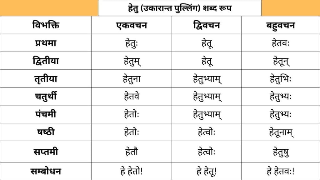 Hetu Shabd Roop in Sanskrit